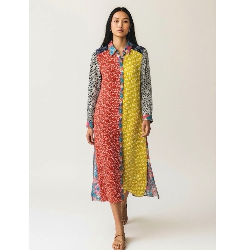Natural Life Button Up Shirt Cardigan‎ Dress Floral Multi Color Boho Hippie Midi
